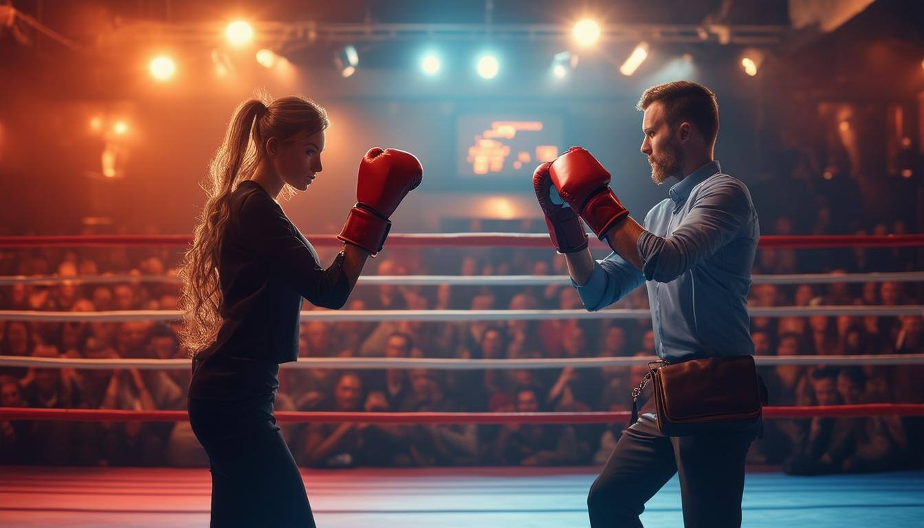 The image depicts a vibrant boxing ring, illuminated by bright lights and filled with an eager crowd